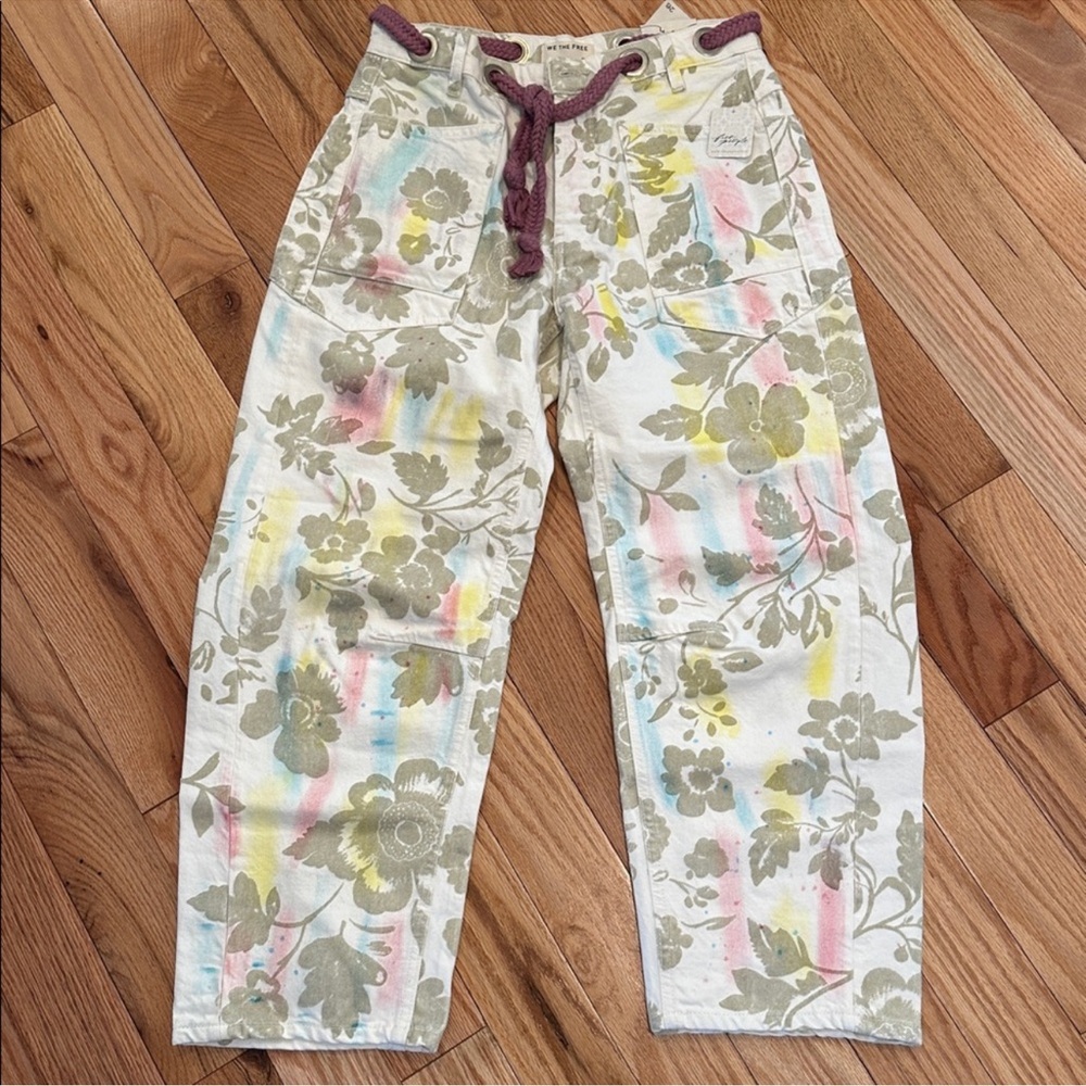 Free People We The Free Moxie Floral Printed Flocked Barrel Jeans 29 - Picture 6 of 9
